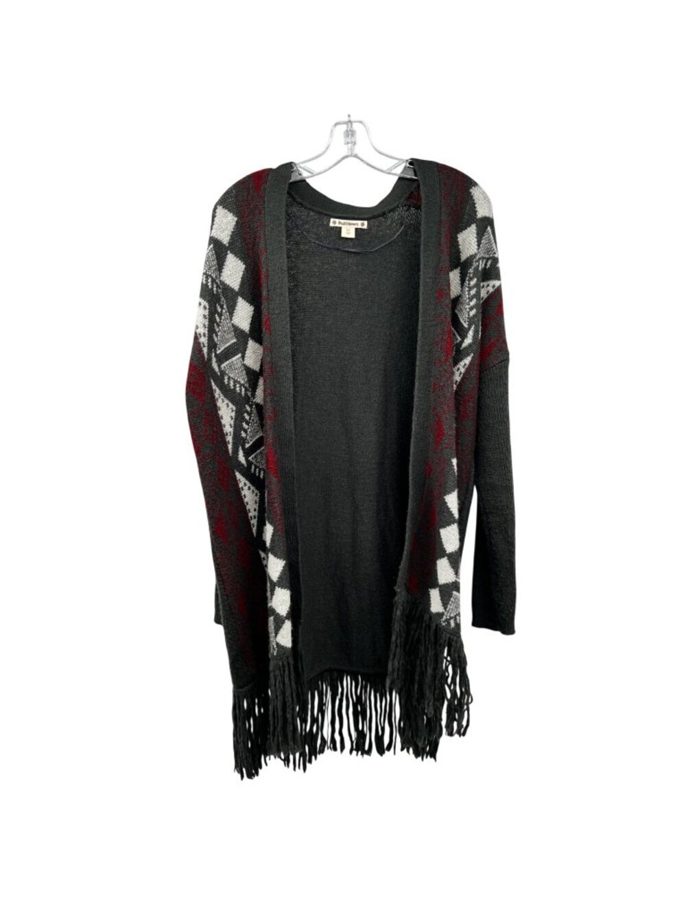 Ruff Hewn Womans Knit Cardigan Fringe Open Front Gray/Multi Aztec Medium